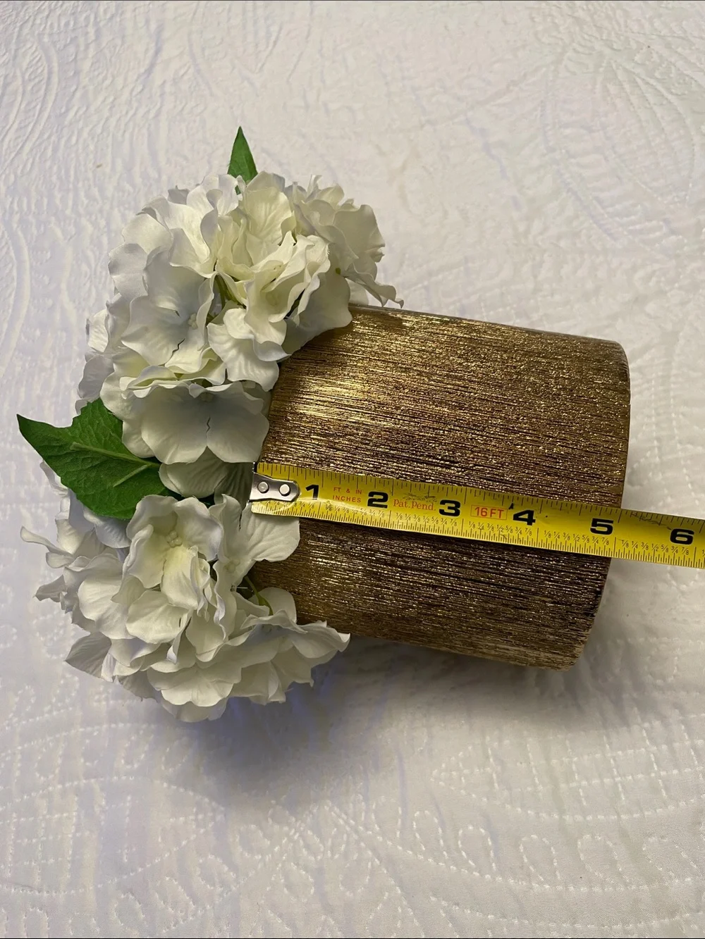 Elegant Faux Artificial White Hydrangeas Arrangement with Gold Color Pot Vase